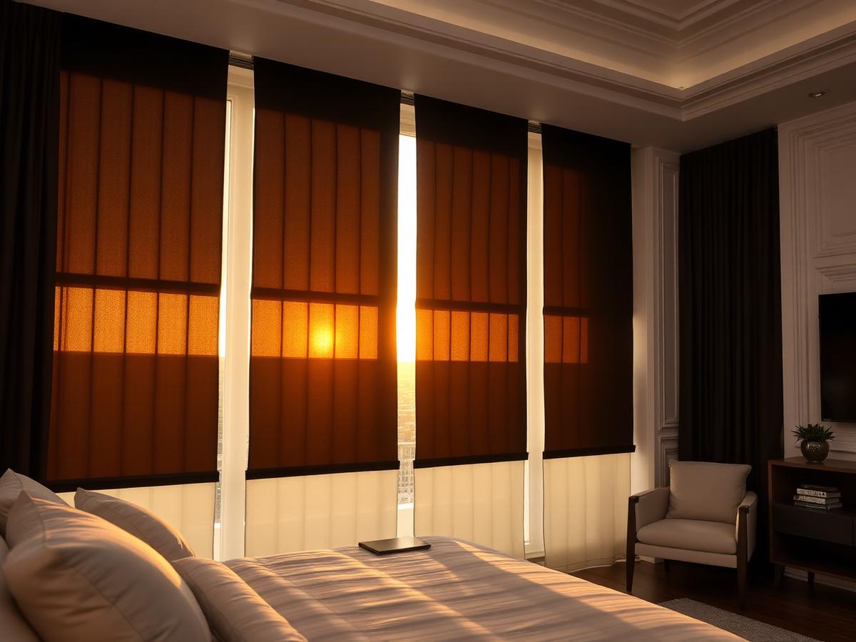 Motorised curtains closing in a modern living room